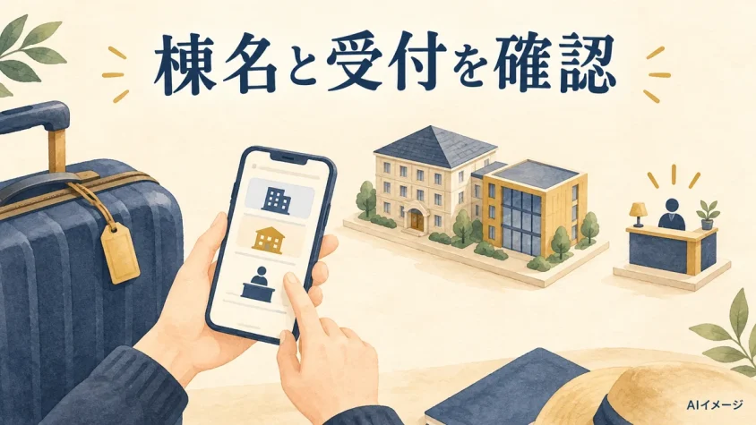ホテルの棟名とチェックイン場所を確認する旅支度のAI生成イメージ。実在施設の外観・案内図ではありません