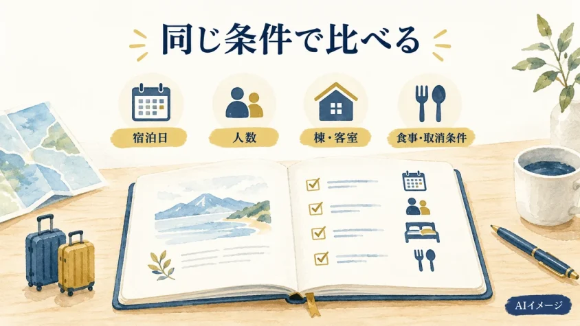 宿泊日・人数・棟名・客室条件を比較する旅行ノートのAI生成イメージ。実際の予約画面ではありません