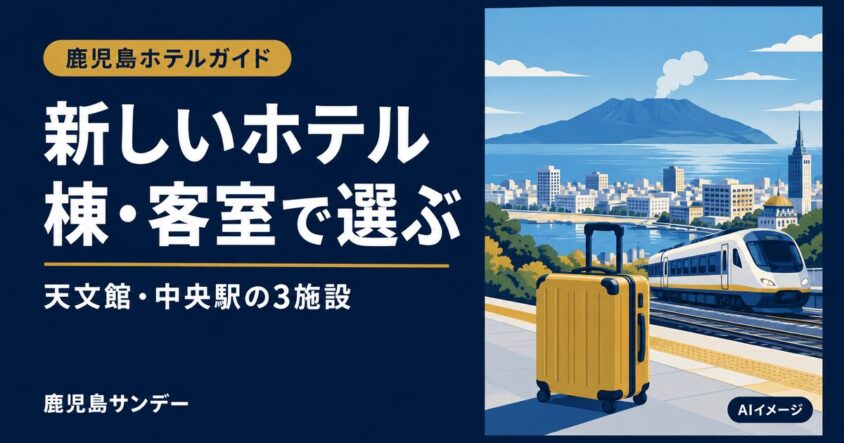 鹿児島市の新しいホテルを棟・客室で選ぶガイド。背景はAI生成イメージで実在施設の写真ではありません