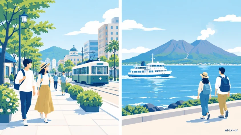 市内の街歩きと桜島への船旅を表すAIイメージ。実景の写真や路線図ではありません